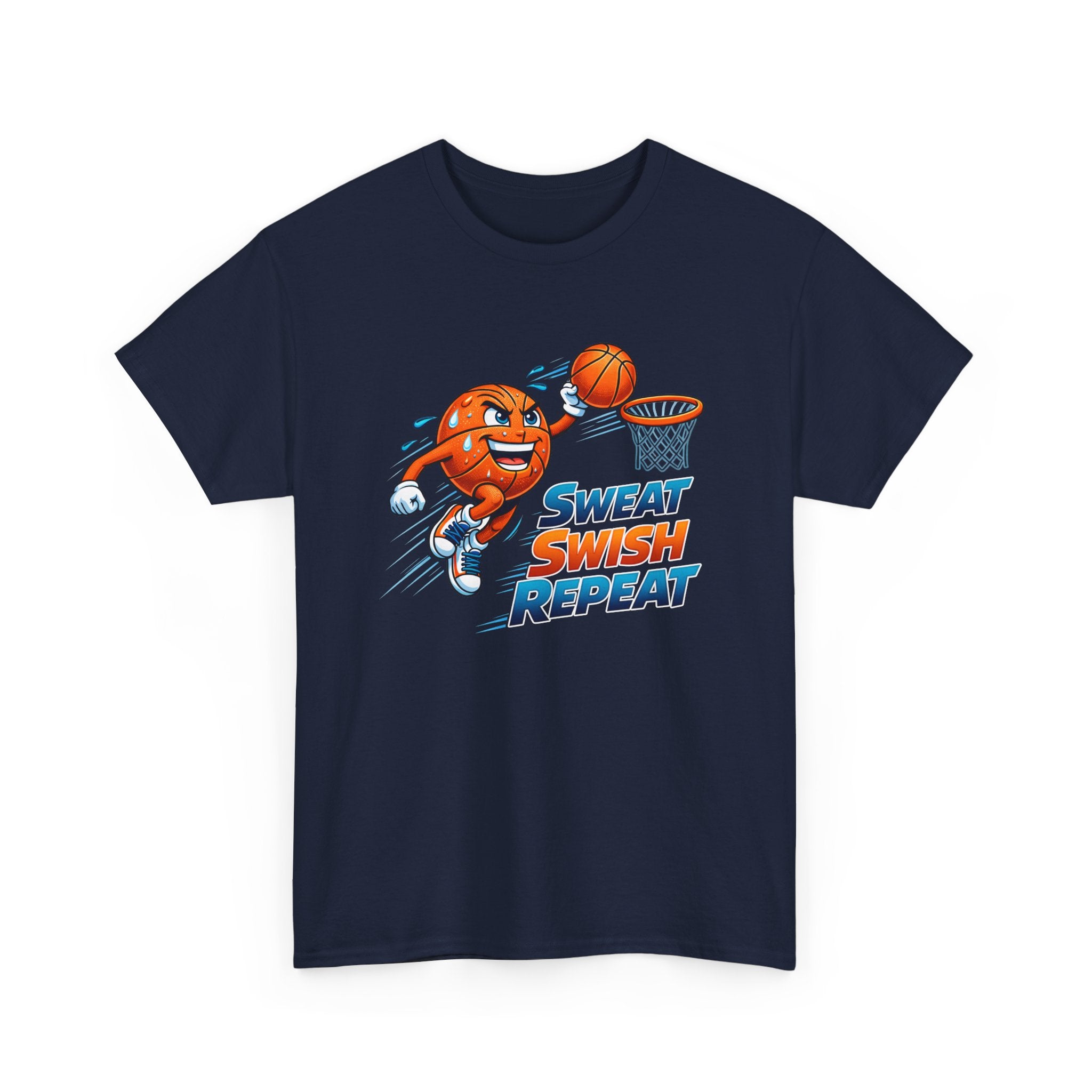 Sweat Swish Repeat Basketball T‑Shirt — Fun Hoop Cartoon Graphic Tee