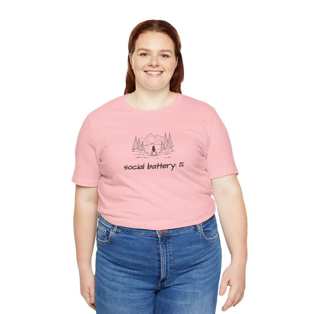 Social Battery Low T-Shirt — Minimal Camping Nature Graphic Introvert Tee