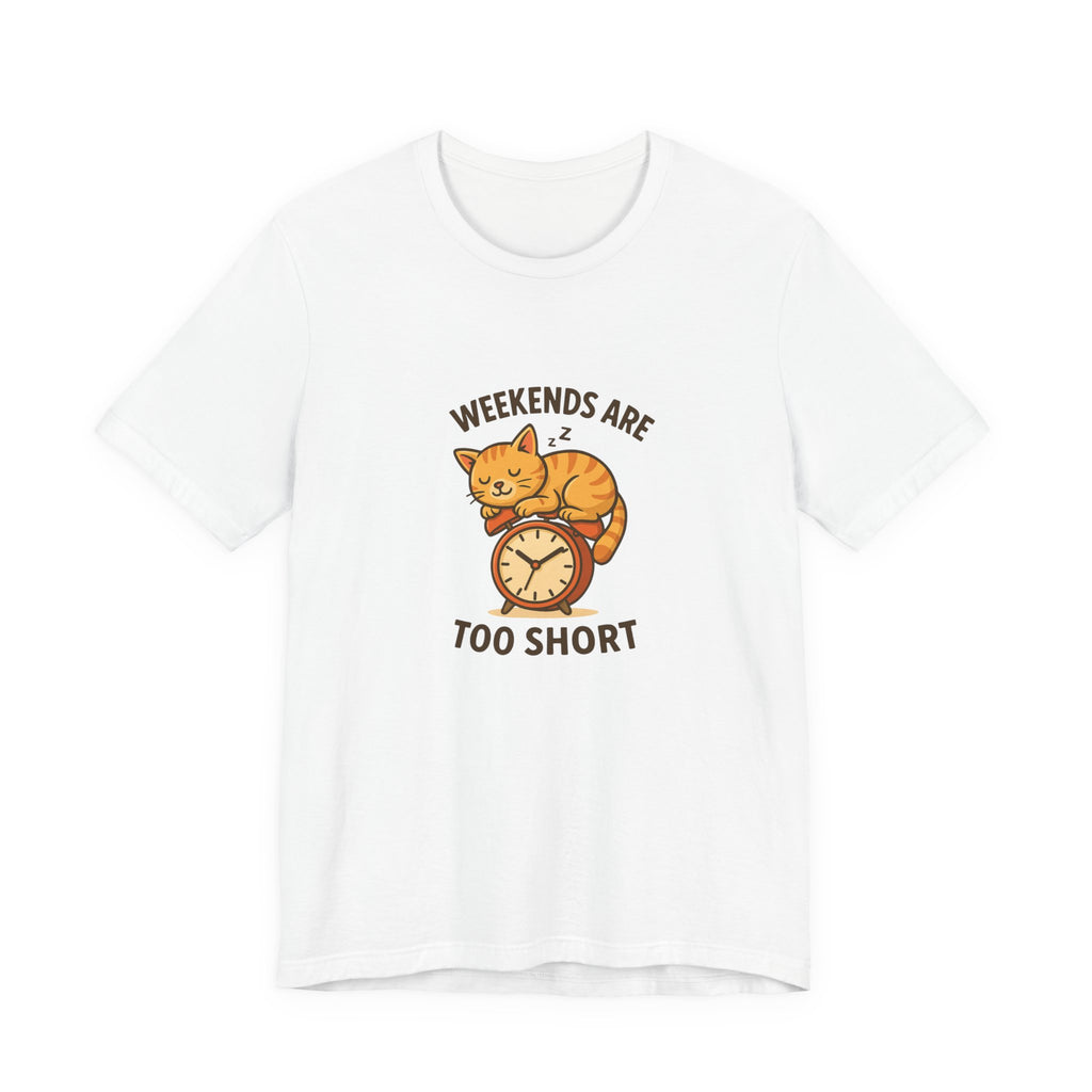 Cute cartoon orange tabby cat sleeping on top of an alarm clock, with the quote text ‘Weekends are too short’, set on a black background in warm illustrated style.