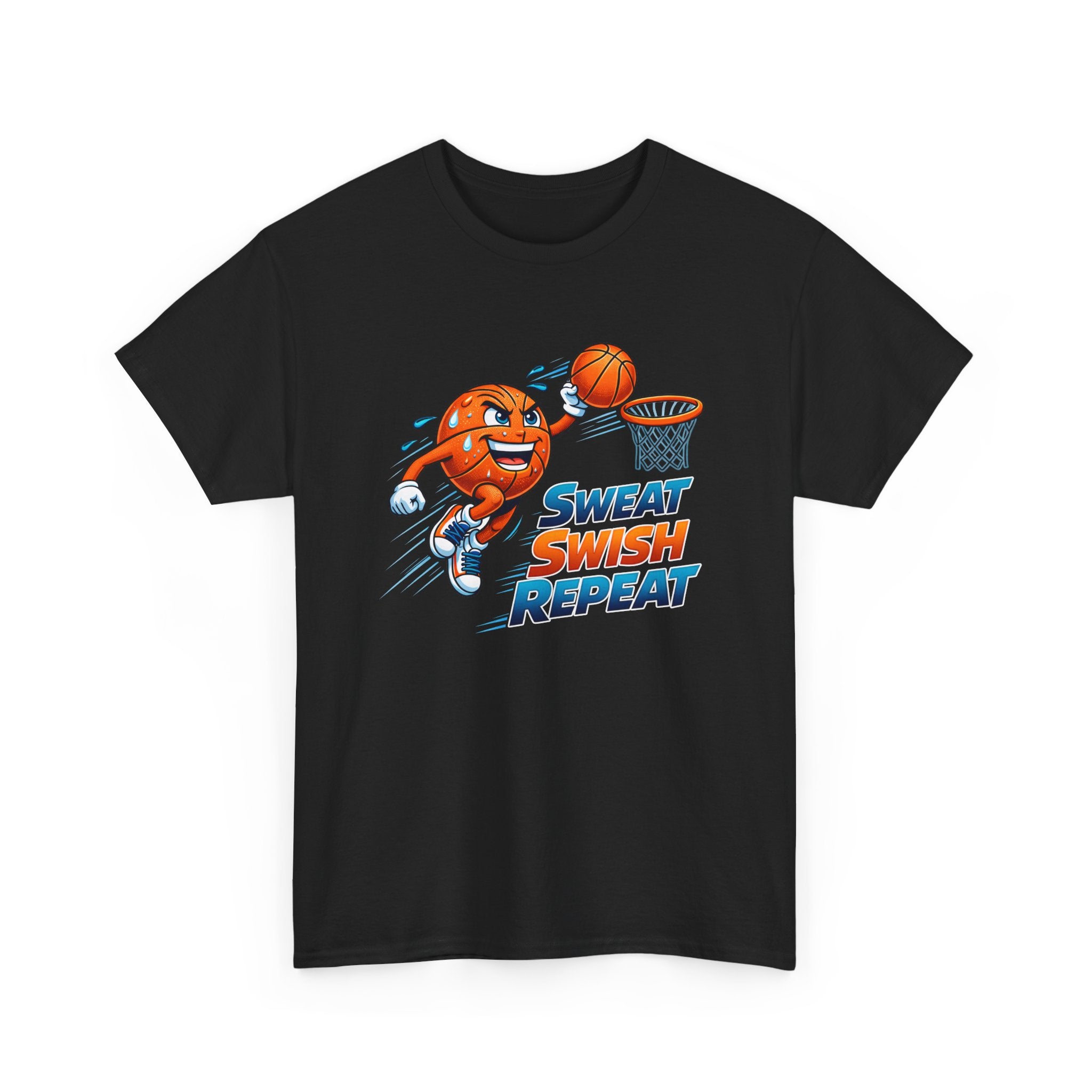 Sweat Swish Repeat Basketball T‑Shirt — Fun Hoop Cartoon Graphic Tee