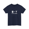 gym workout t-shirt with 'gym & tonic' text on a white background