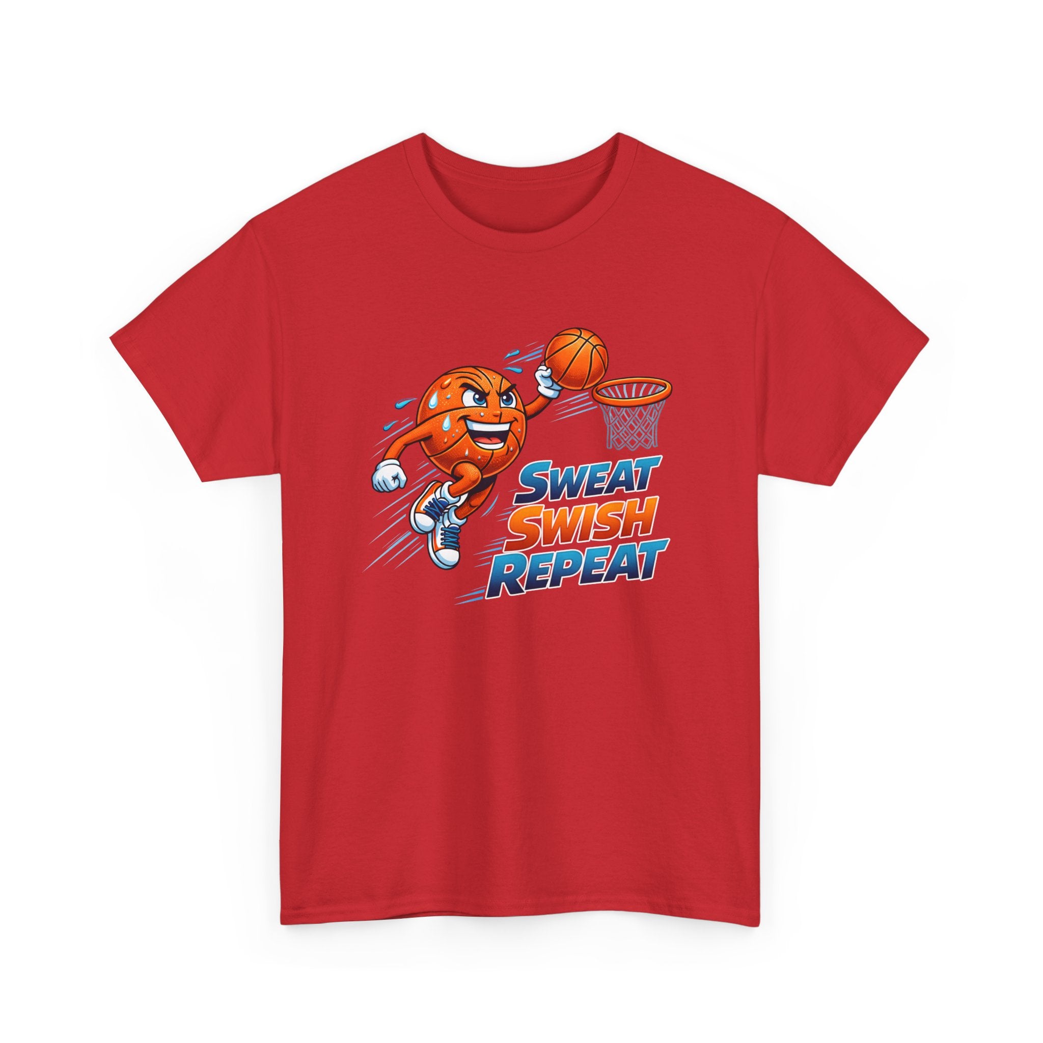 Sweat Swish Repeat Basketball T‑Shirt — Fun Hoop Cartoon Graphic Tee
