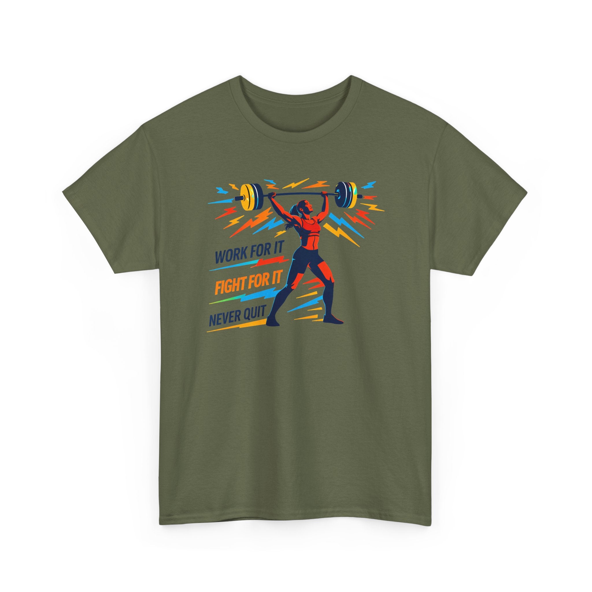 Weightlifting Motivation Tee — “Work For It, Fight For It, Never Quit” Women's Gym Shirt