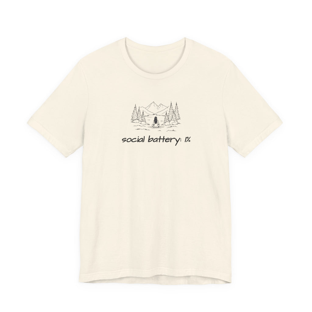 Social Battery Low T-Shirt — Minimal Camping Nature Graphic Introvert Tee