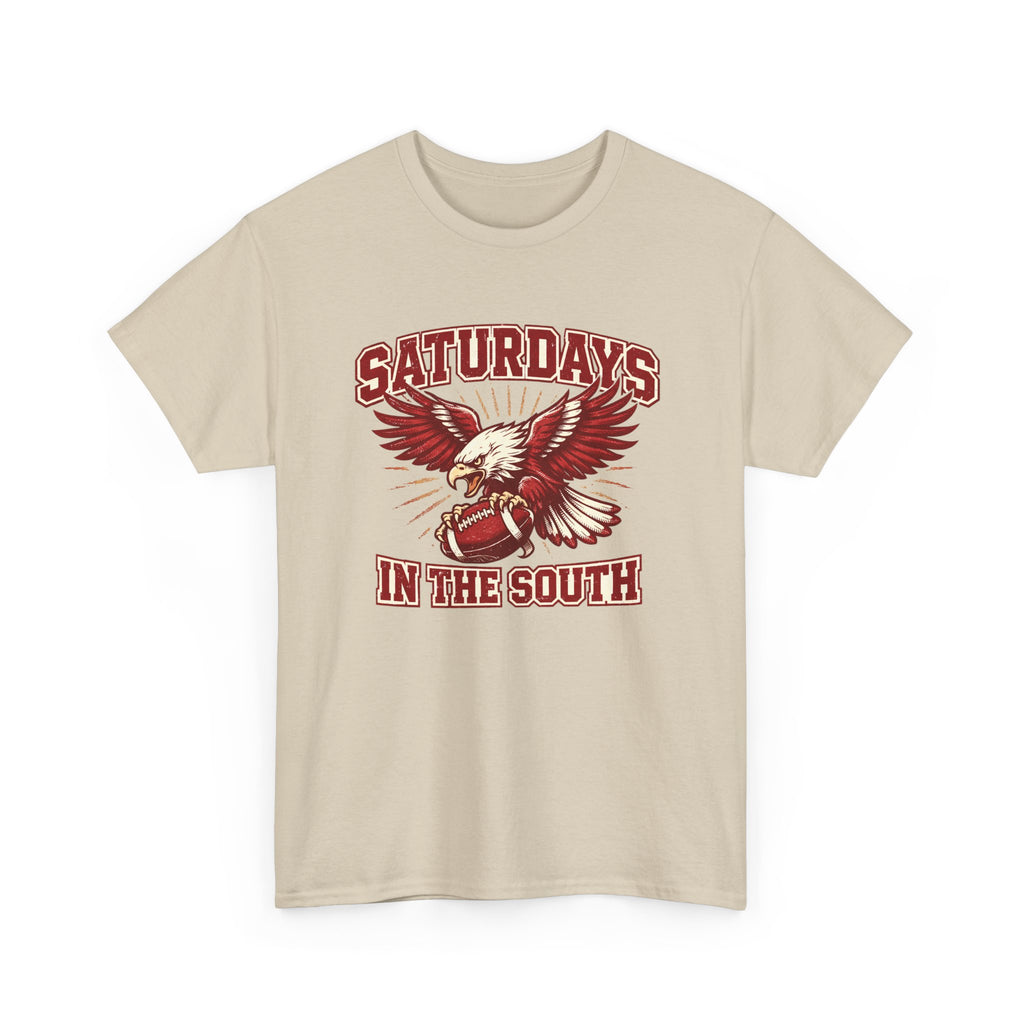 Beige t-shirt with red eagle and football graphic design and text on a white background