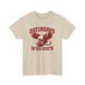 Beige t-shirt with red eagle and football graphic design and text on a white background