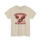 Beige t-shirt with red eagle and football graphic design and text on a white background