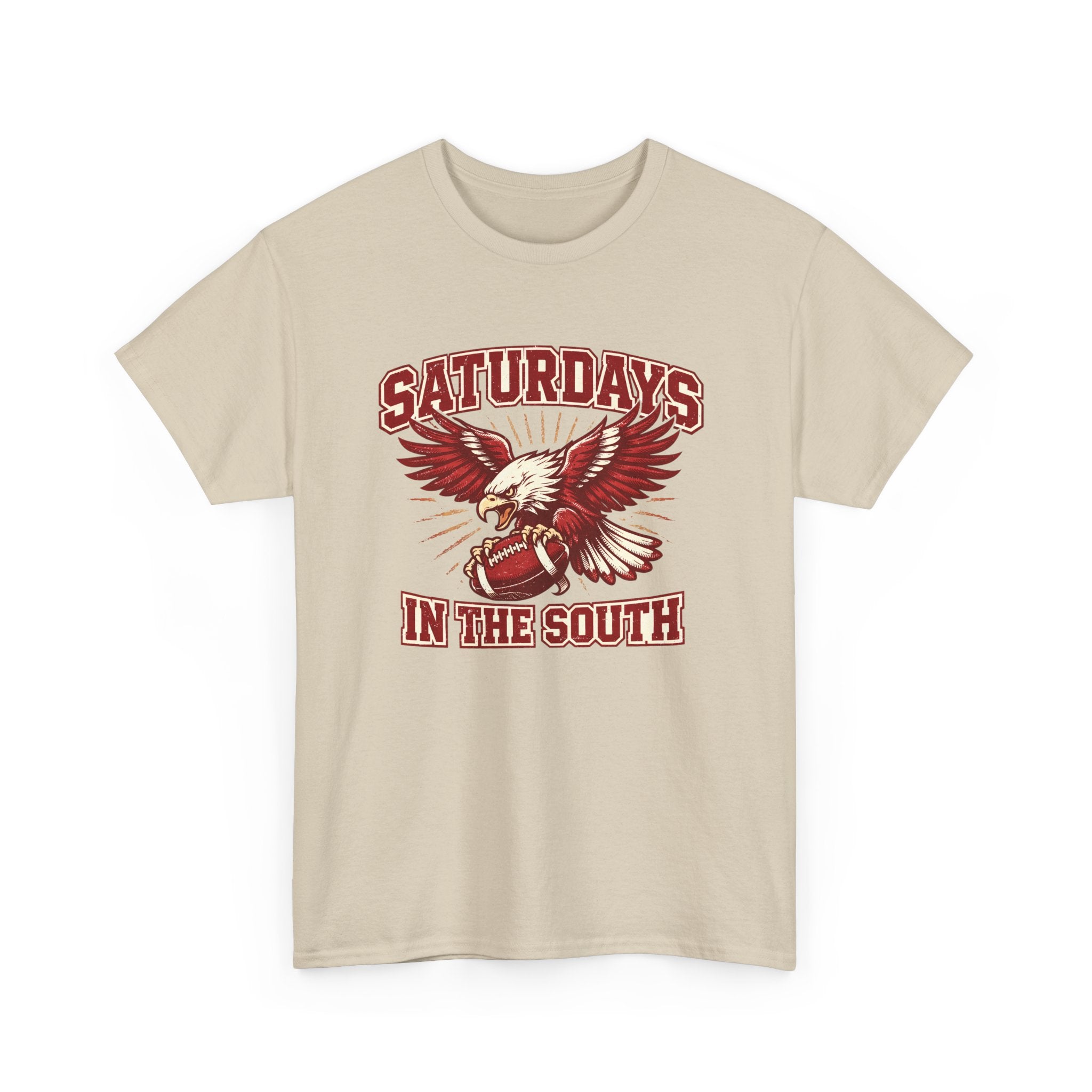Beige t-shirt with red eagle and football graphic design and text on a white background