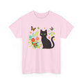 spring season design with a black cat, flowers, and butterflies on a white background