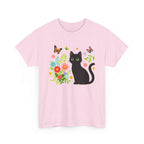 spring season design with a black cat, flowers, and butterflies on a white background