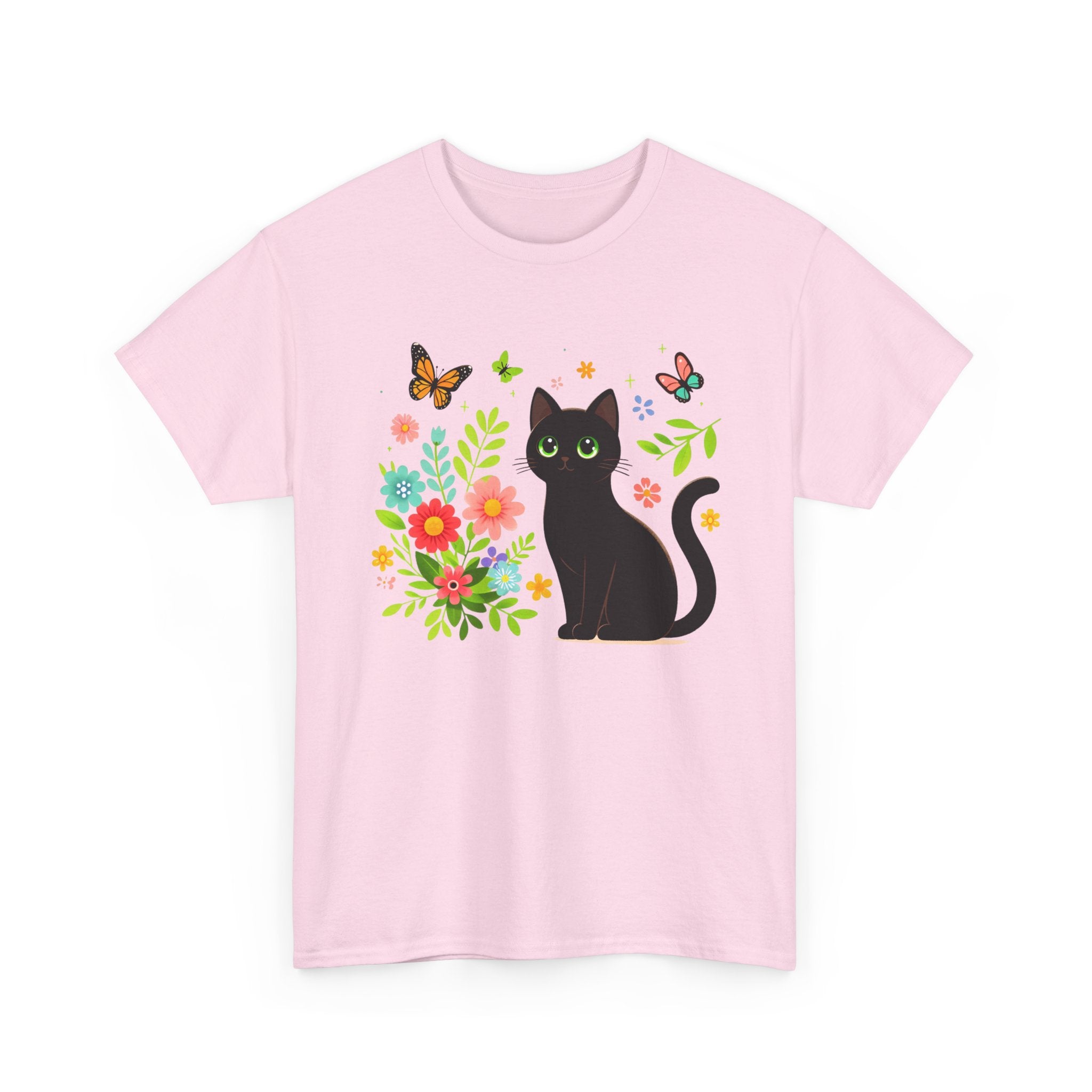 spring season design with a black cat, flowers, and butterflies on a white background