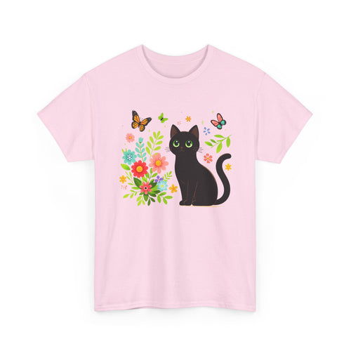 spring season design with a black cat, flowers, and butterflies on a white background