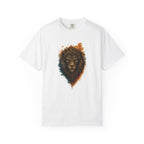 Intricate tribal-style lion face illustration with flowing ornate patterns and watercolor splashes in blue, gold, and orange.