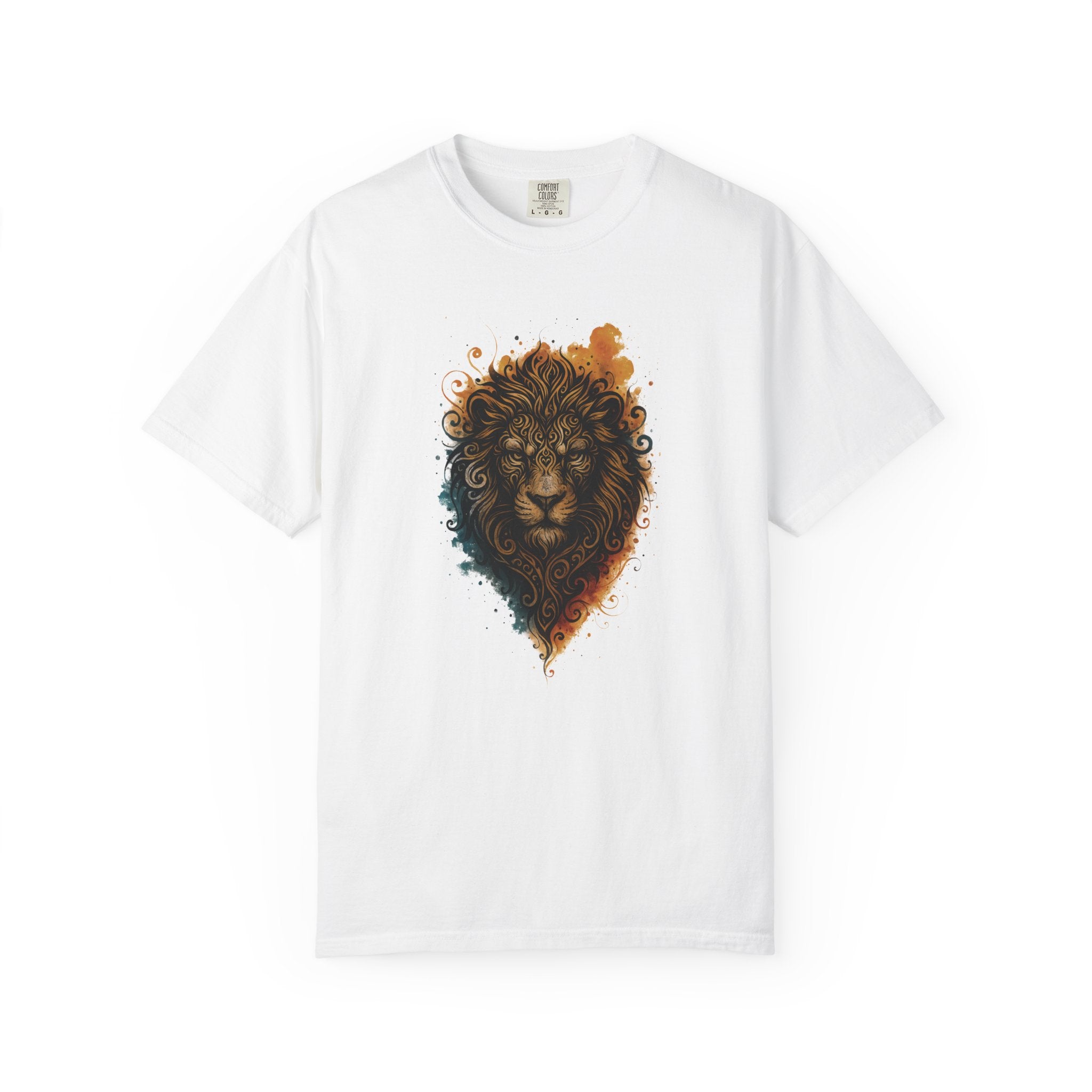 Intricate tribal-style lion face illustration with flowing ornate patterns and watercolor splashes in blue, gold, and orange.