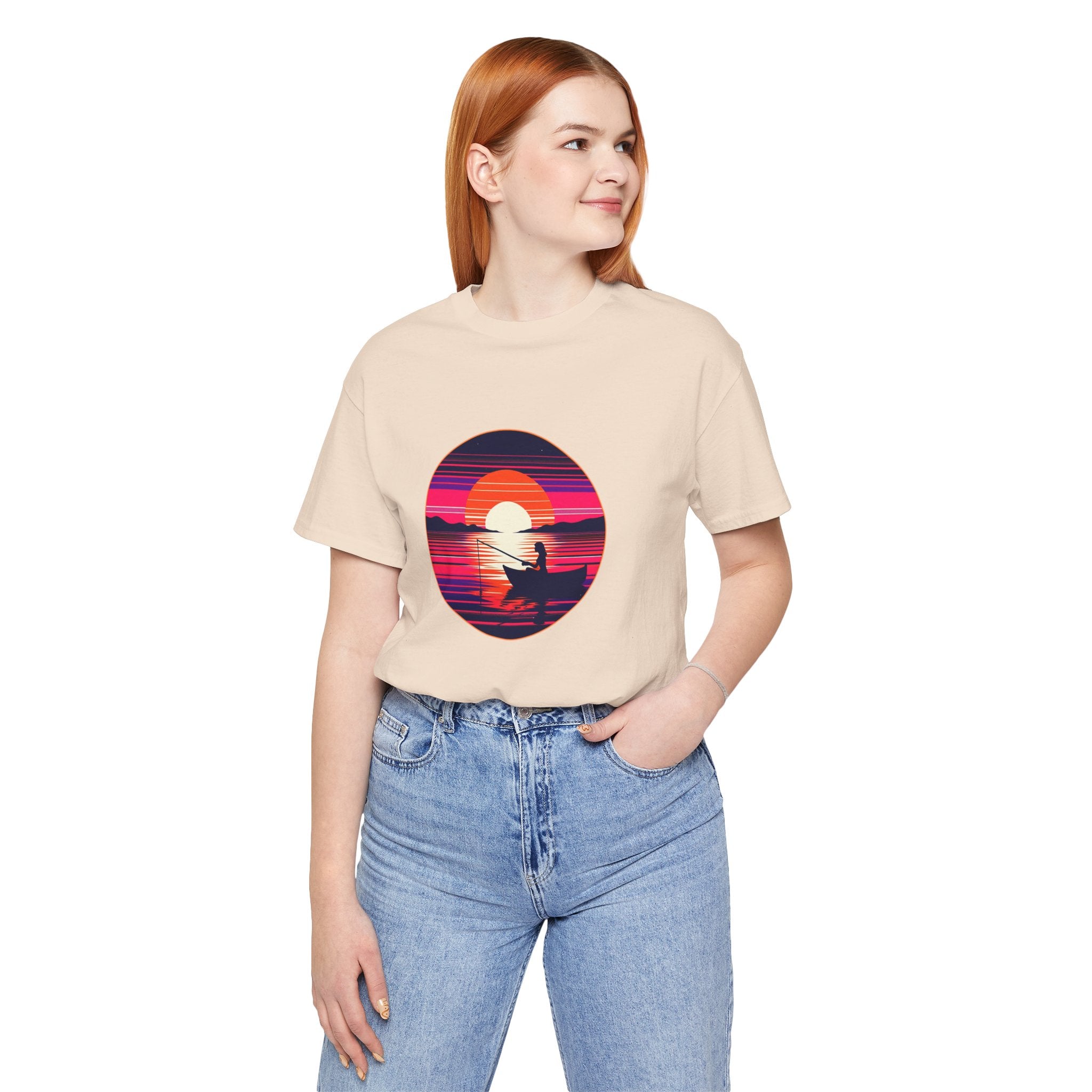 Sunset Fishing T‑Shirt — Retro Ocean Silhouette Tee Woman Fishing