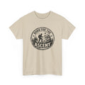 Beige t-shirt with 'Born for the Ascent' hiking graphic design on a white background