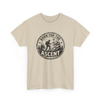 Beige t-shirt with 'Born for the Ascent' hiking graphic design on a white background