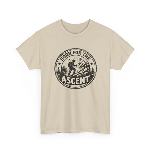 Beige t-shirt with 'Born for the Ascent' hiking graphic design on a white background