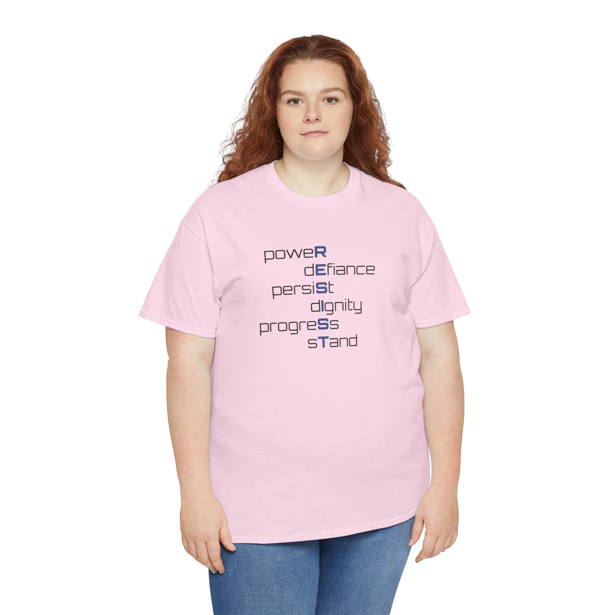 Resist T‑Shirt — 'power defiance persist dignity progress stand' Minimalist Protest Tee