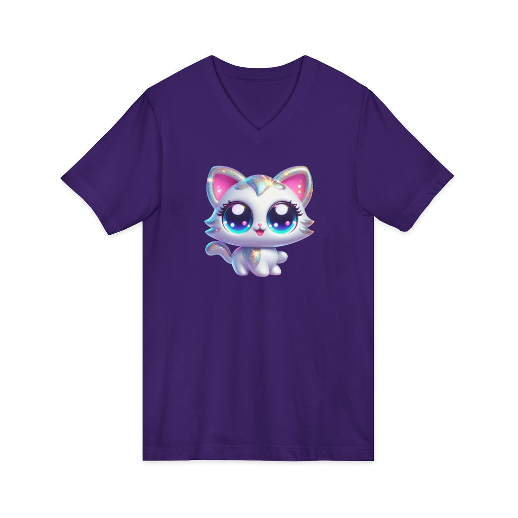 Kawaii Glitter Kitty V-Neck Tee — Cute Big-Eyed Cat Graphic Shirt
