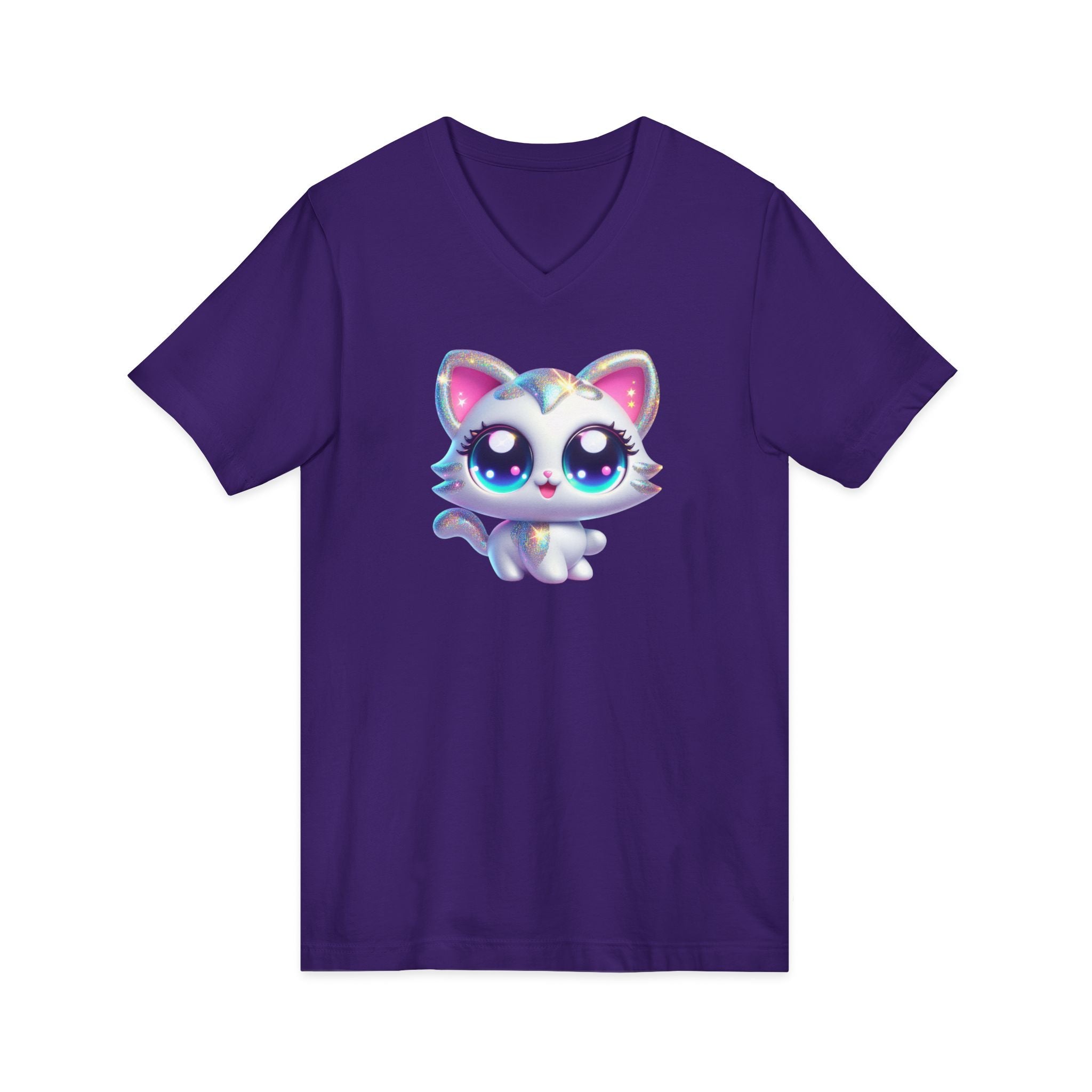 Kawaii Glitter Kitty V-Neck Tee — Cute Big-Eyed Cat Graphic Shirt