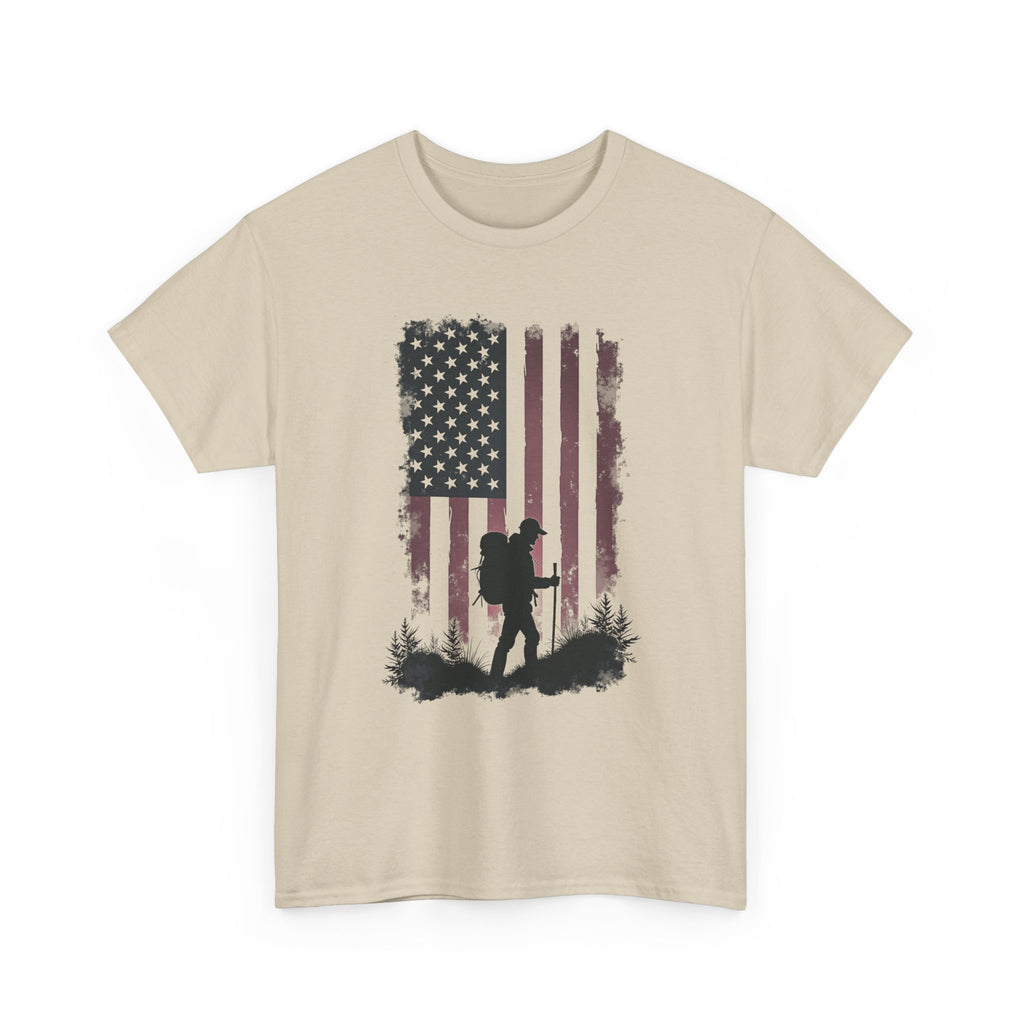 Beige t-shirt with American flag and hiker silhouette design on a white background