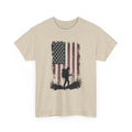Beige t-shirt with American flag and hiker silhouette design on a white background