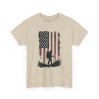 Beige t-shirt with American flag and hiker silhouette design on a white background