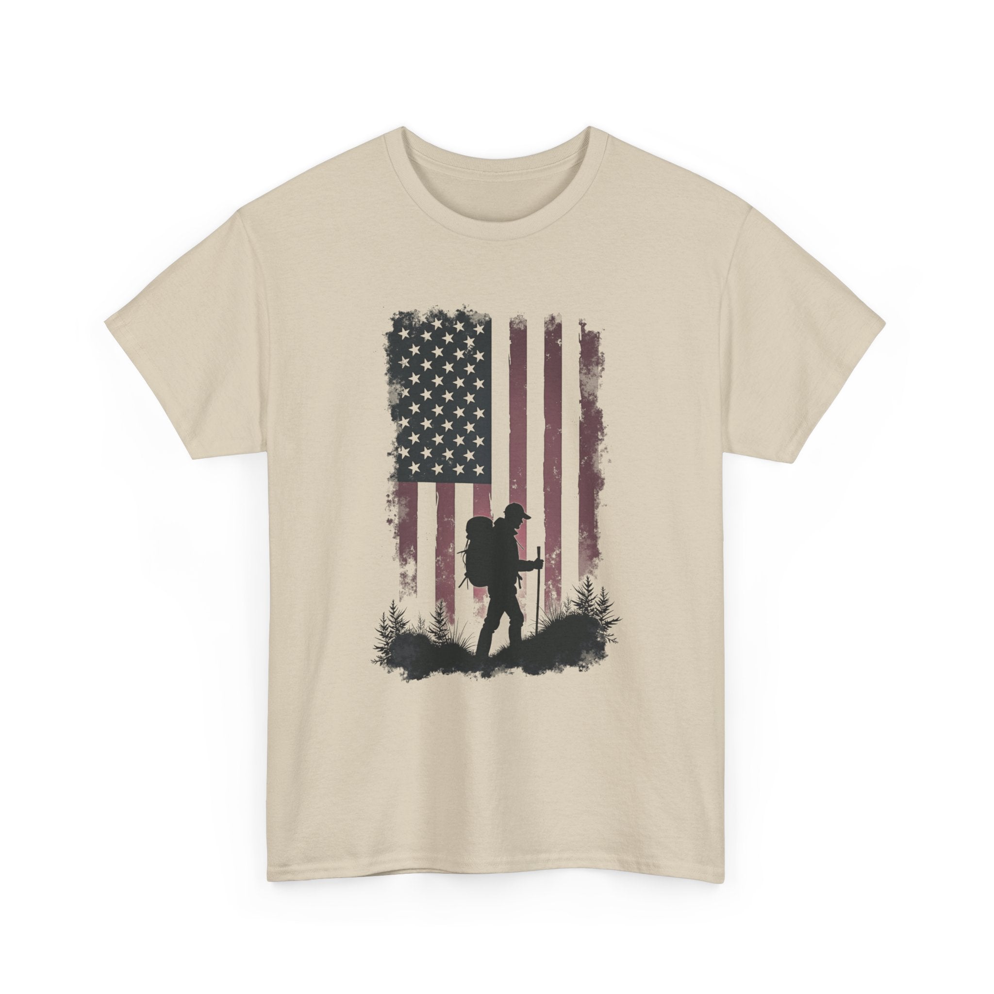 Beige t-shirt with American flag and hiker silhouette design on a white background