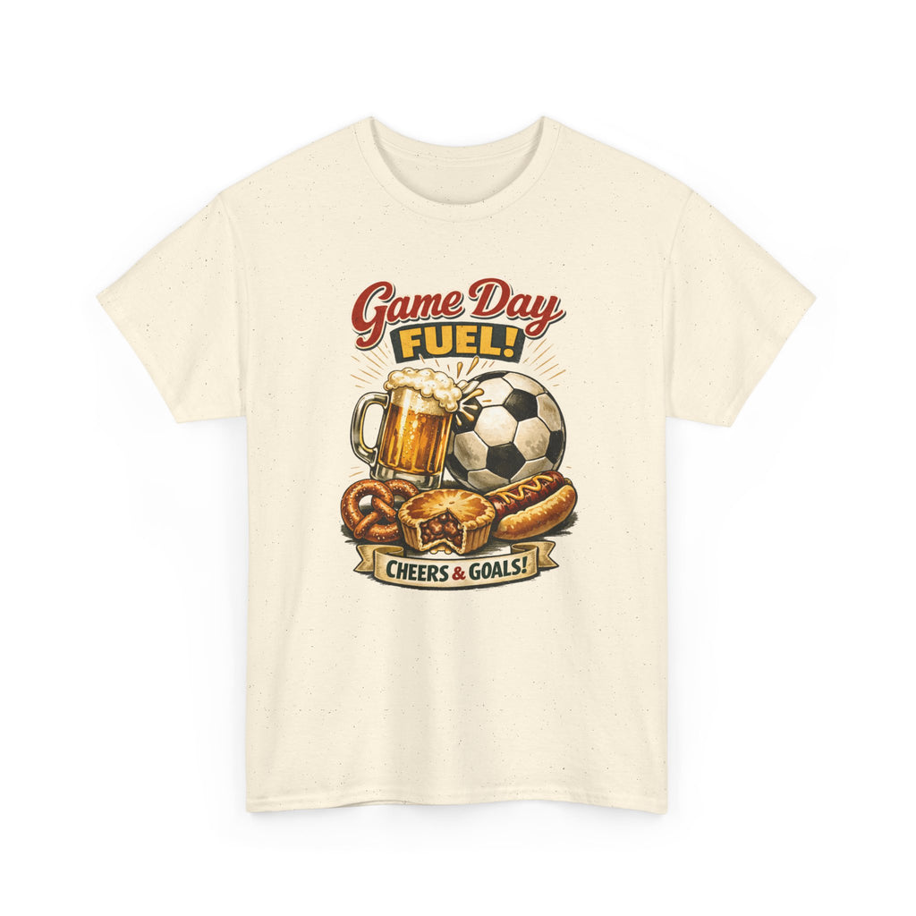 Beige t-shirt with sports-themed graphic and text on a white background