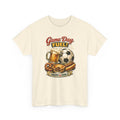 Beige t-shirt with sports-themed graphic and text on a white background