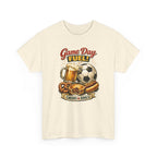 Beige t-shirt with sports-themed graphic and text on a white background