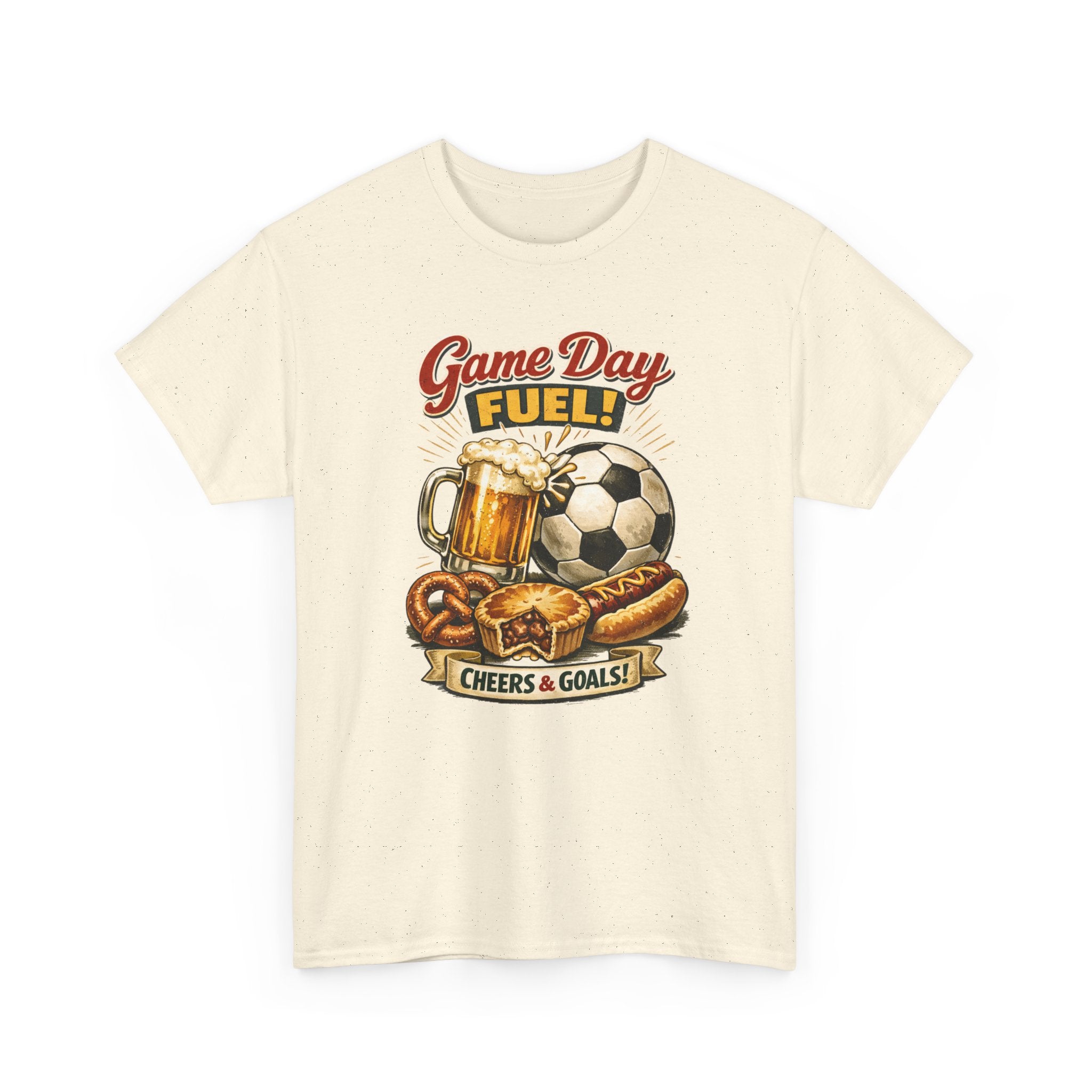 Beige t-shirt with sports-themed graphic and text on a white background