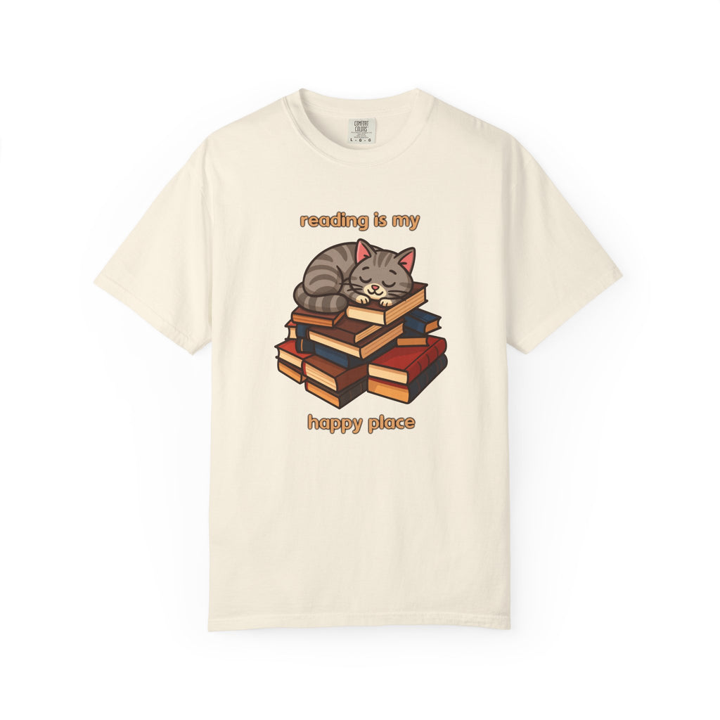 Reading Is My Happy Place T-Shirt — Cute Cat on Books Graphic Tee