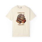 Reading Is My Happy Place T-Shirt — Cute Cat on Books Graphic Tee