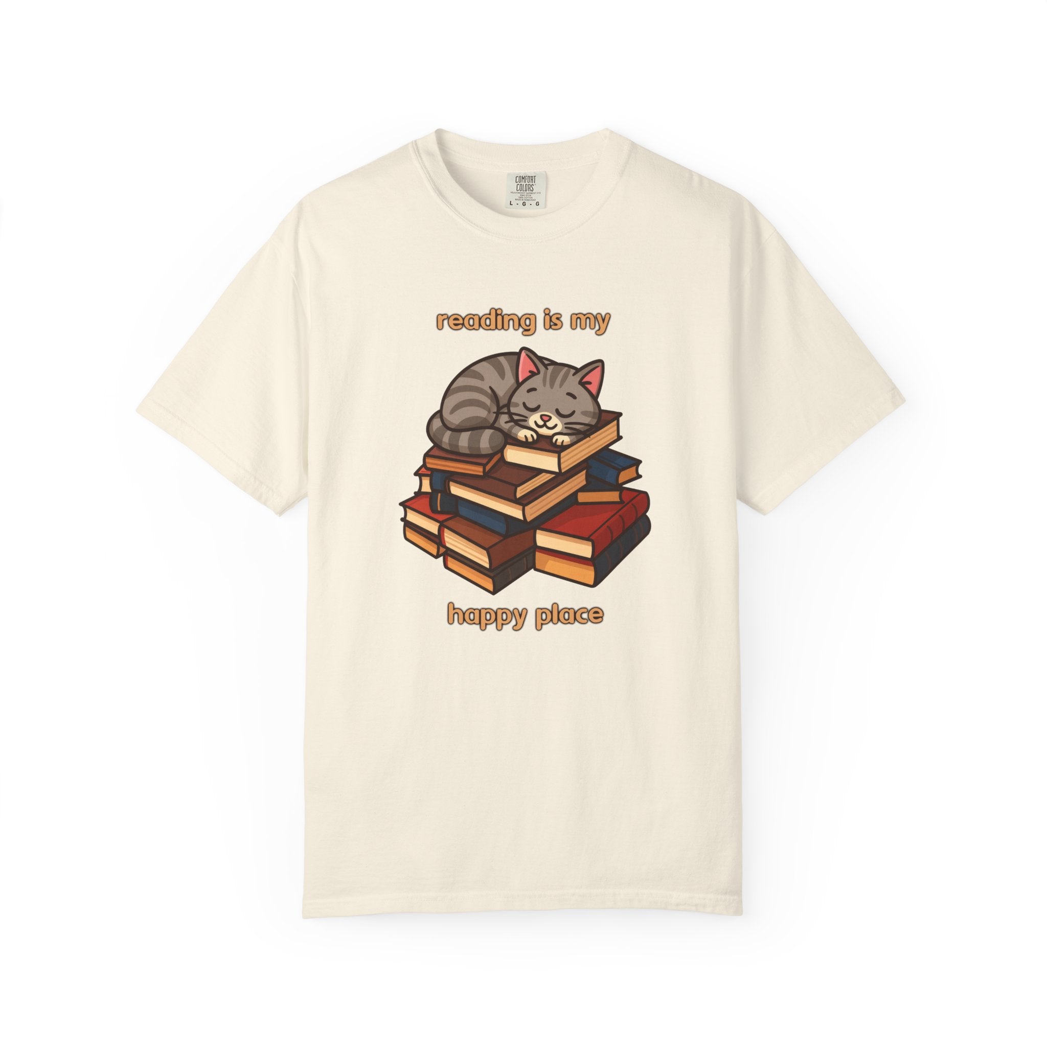 Reading Is My Happy Place T-Shirt — Cute Cat on Books Graphic Tee