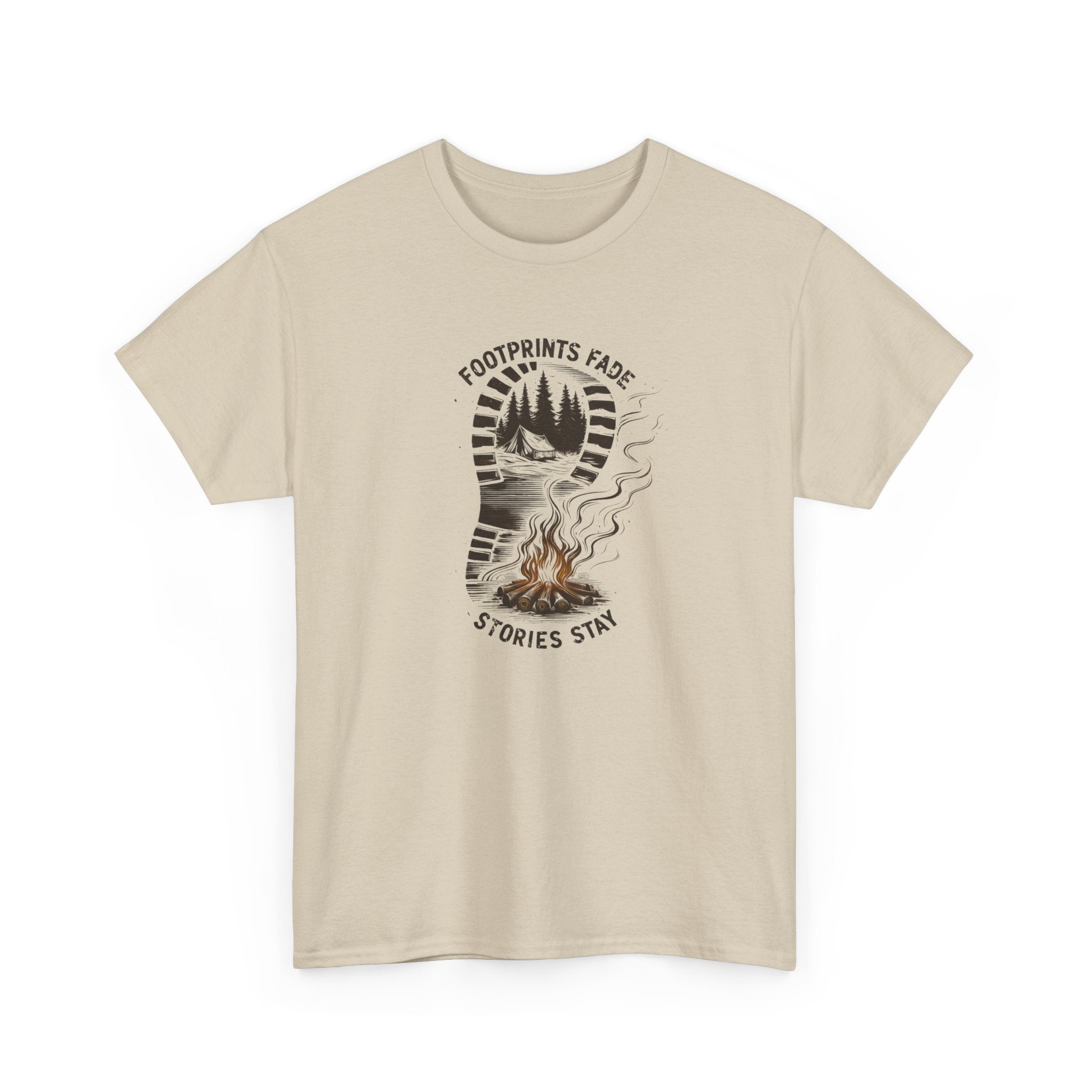 Beige t-shirt with a graphic design of a campfire and text 'footprints fade stories stay' on a white background
