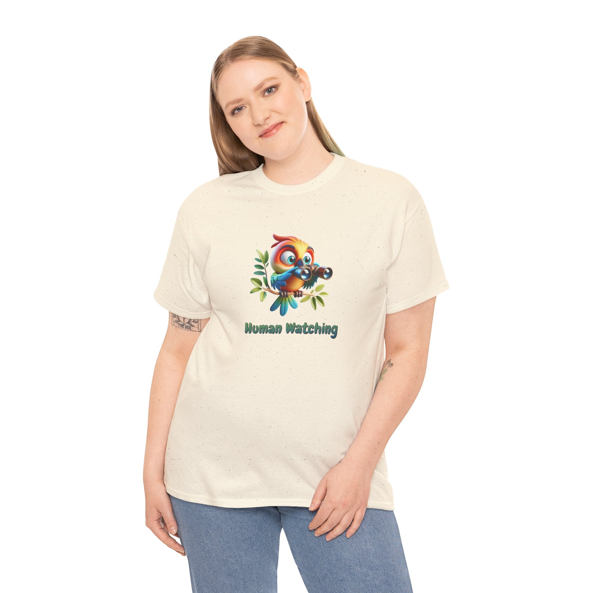 T‑Shirt — Cute Bird with Binoculars "Human Watching" Graphic Tee