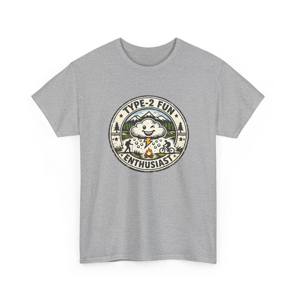 Gray t-shirt with a graphic design and text 'type 2 fun enthusiast' on a white background