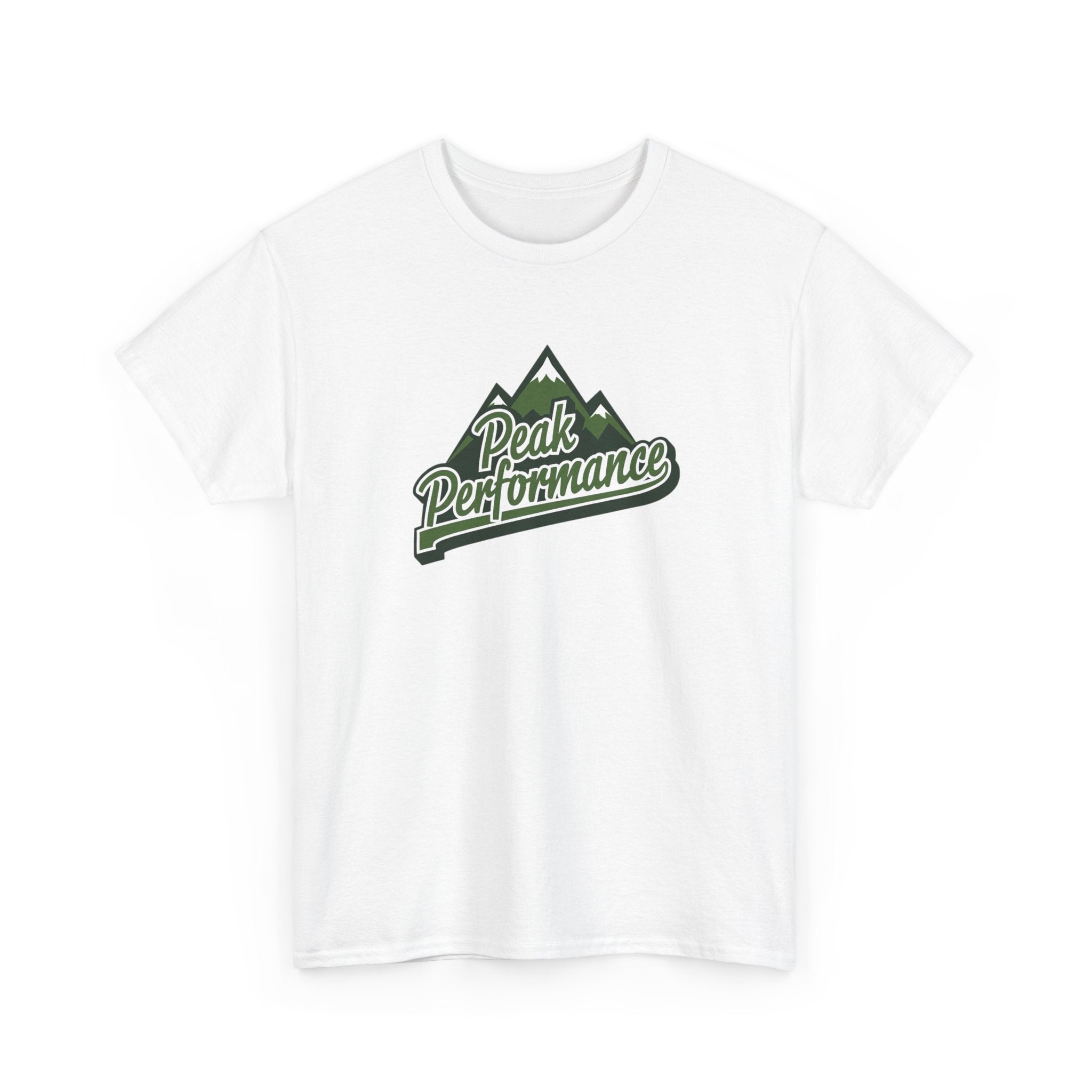 White t-shirt with 'Peak Performance' logo on a white background