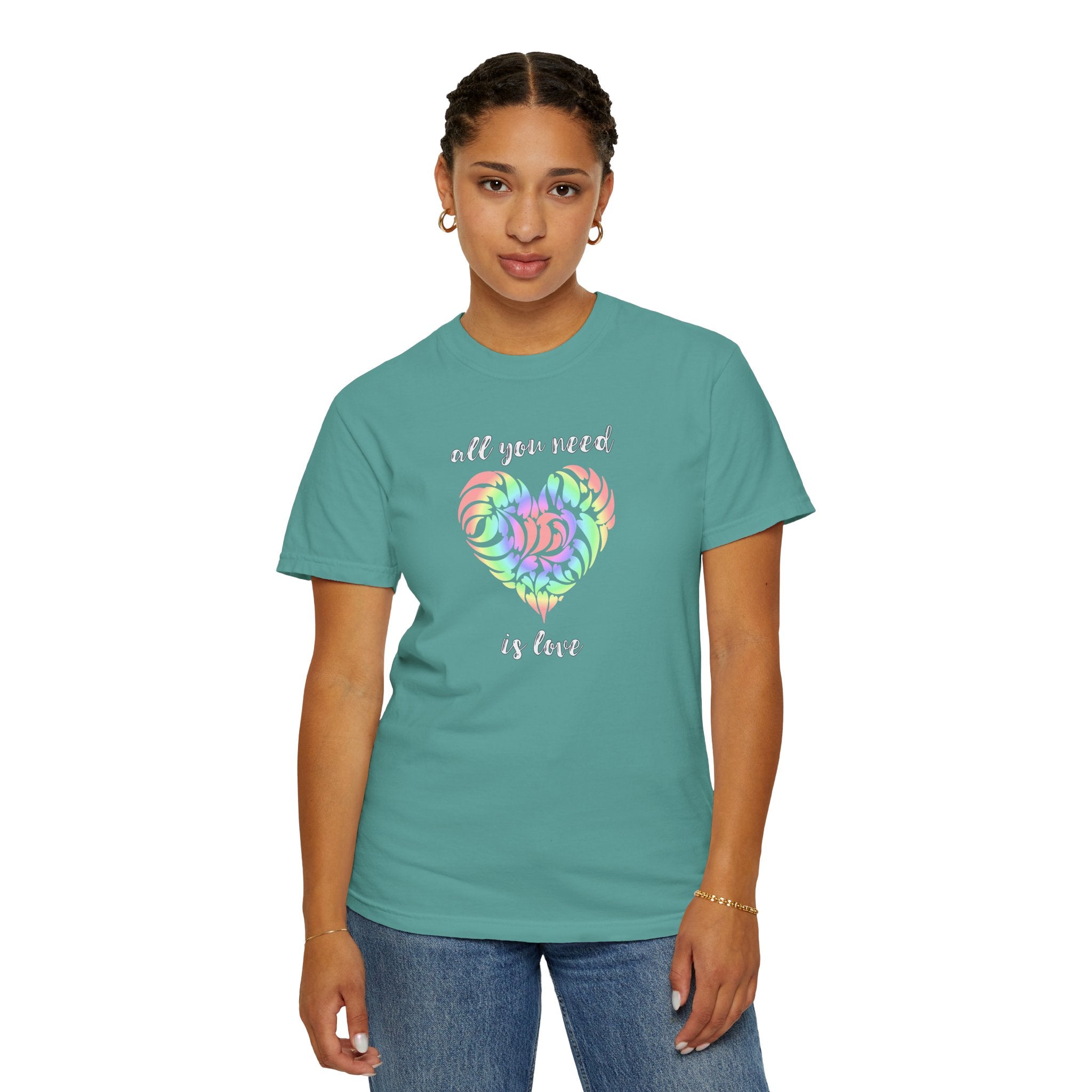 Rainbow Heart Tie-Dye Style T-Shirt — "All You Need Is Love" Graphic Tee