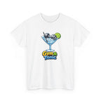 White t-shirt with 'Gym & Tonic' graphic design featuring a martini glass with a lime and weights.