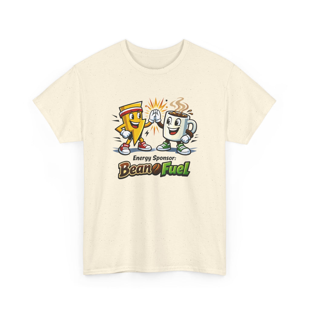 Beige t-shirt with cartoon lightning and coffee characters  and 'Bean Fuel' text on a white background