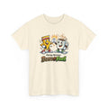 Beige t-shirt with cartoon lightning and coffee characters  and 'Bean Fuel' text on a white background