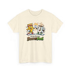 Beige t-shirt with cartoon lightning and coffee characters  and 'Bean Fuel' text on a white background