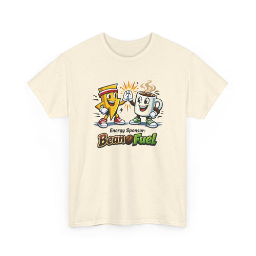 Beige t-shirt with cartoon lightning and coffee characters  and 'Bean Fuel' text on a white background