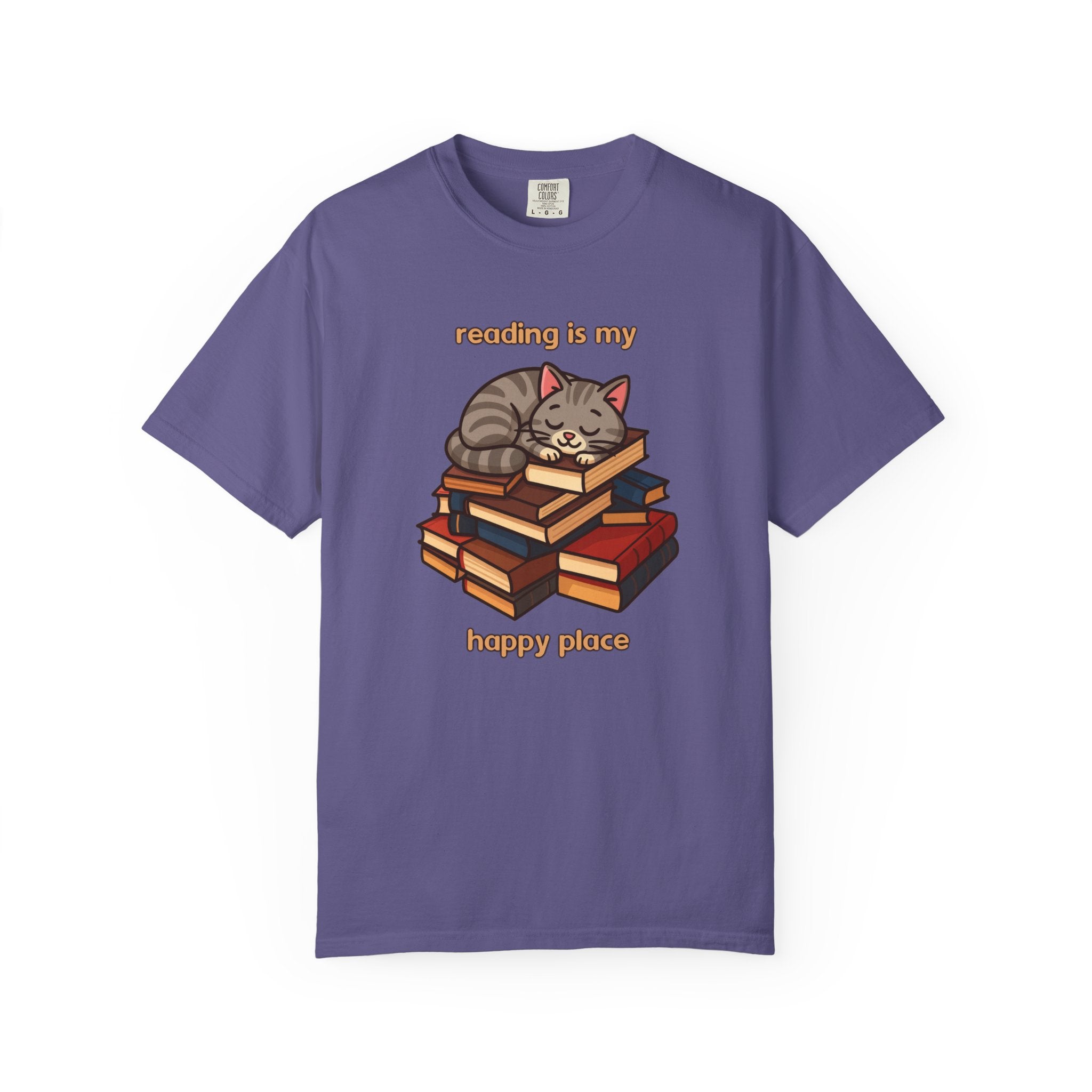 Reading Is My Happy Place T-Shirt — Cute Cat on Books Graphic Tee