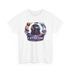 White t-shirt with a graphic design featuring a character in a headset and sports balls, on a white background.