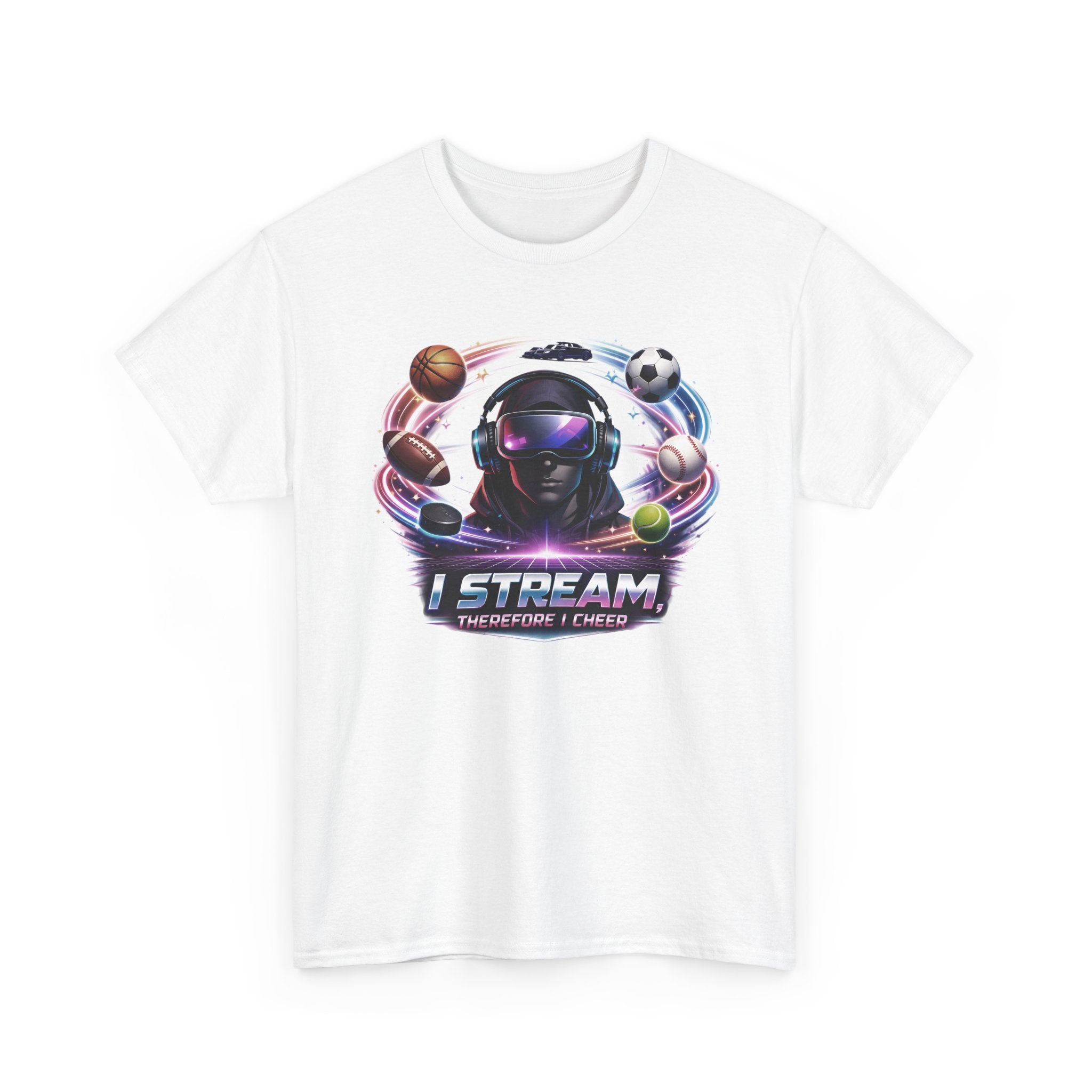 White t-shirt with a graphic design featuring a character in a headset and sports balls, on a white background.