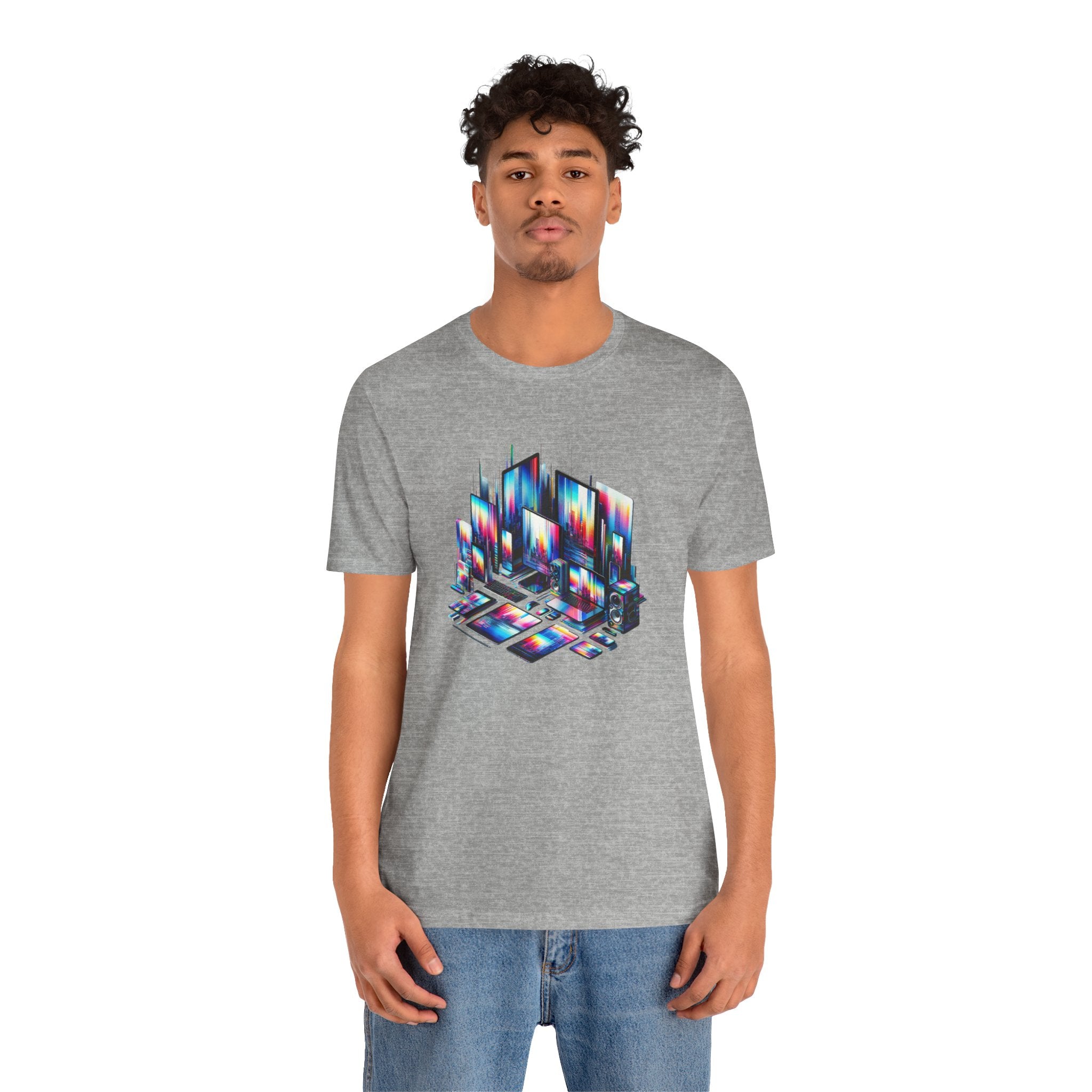 Retro Glitch City T-Shirt — Neon Vaporwave Pixel Tech Devices Tee